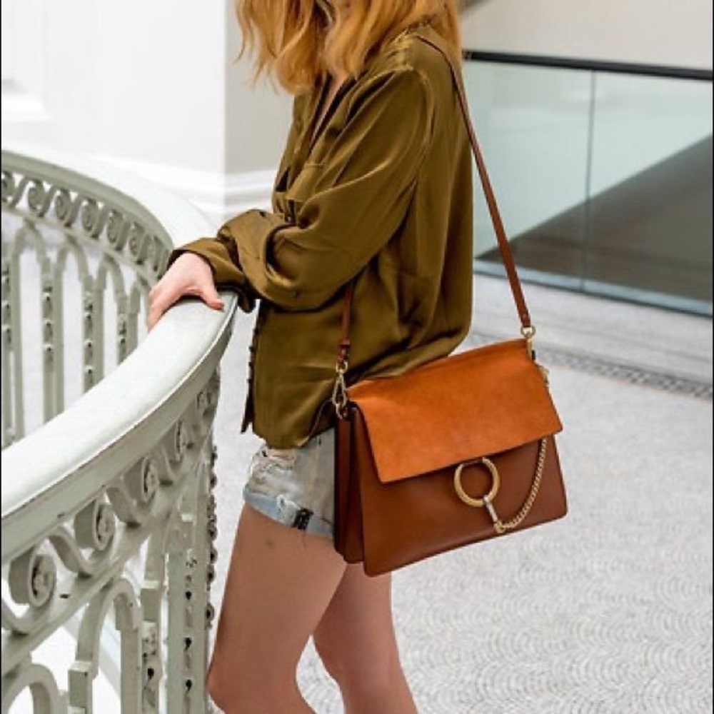 CHLOE Suede Calfskin Medium Faye Shoulder Bag Tobacco